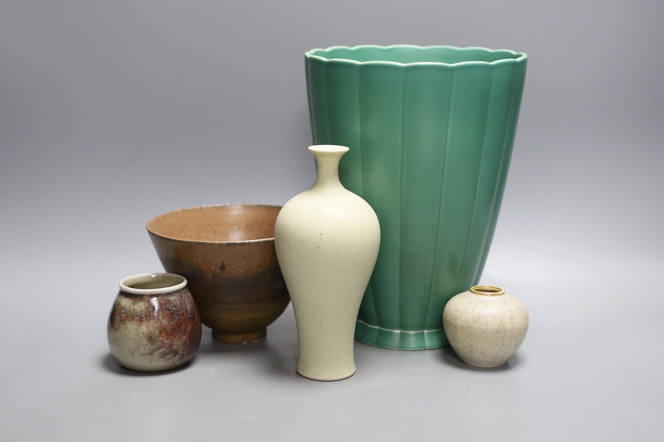 A Keith Murray for Wedgwood vase, a Bauhaus type miniature vase, a Swedish studio porcelain vase and two studio pottery vases - tallest 23cm (5)